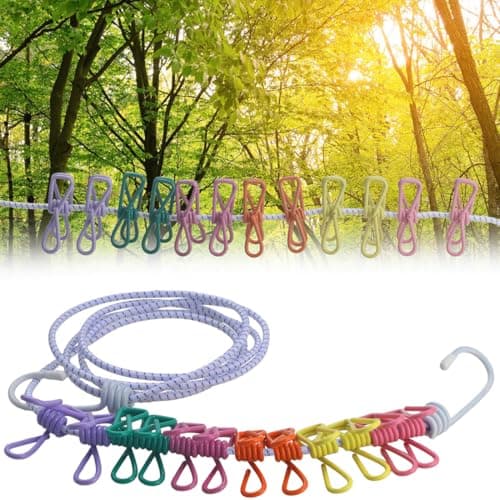 FiTspi Travel Washing Line, Portable Camping Washing Line with 12 Colorful Pegs, Elastic Retractable Clothesline for Indoor Laundry Drying Clothesline,Outdoor Camping Accessories — view 2