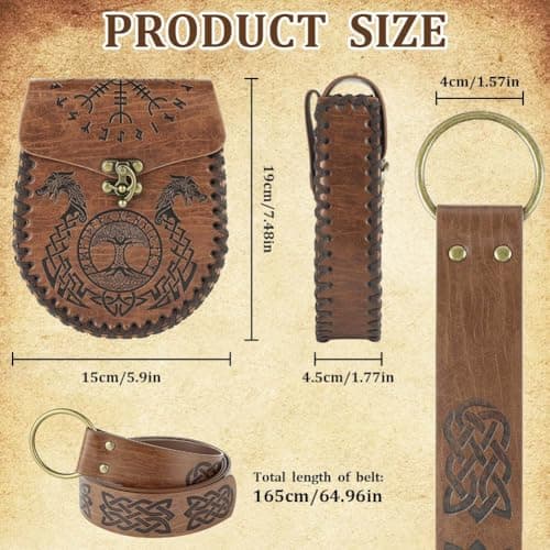 AYBUY Medieval Viking Belt Bag Sets, Medieval Viking Belt with Leather Pouch, Renaissance Accessories for Cosplay Halloween World Book Day Dress up Party(Brown, Style A) — view 2