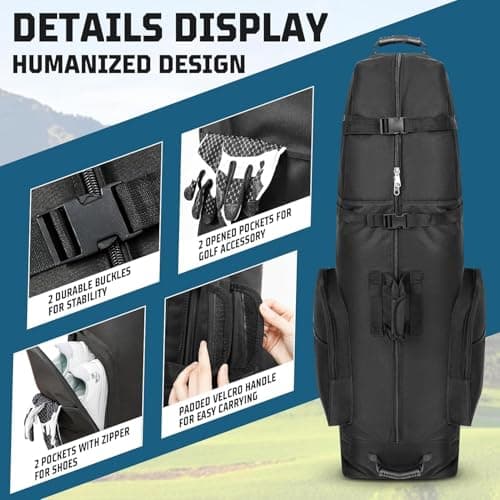 Golf Travel Bags with Wheels, 1200D Heavy Duty Oxford Wear-Resistant with Extra Storage Bag, Lightweight & Portable Golf Club Travel Cover for Airlines Easy Storage，Black：Upgrade — view 4