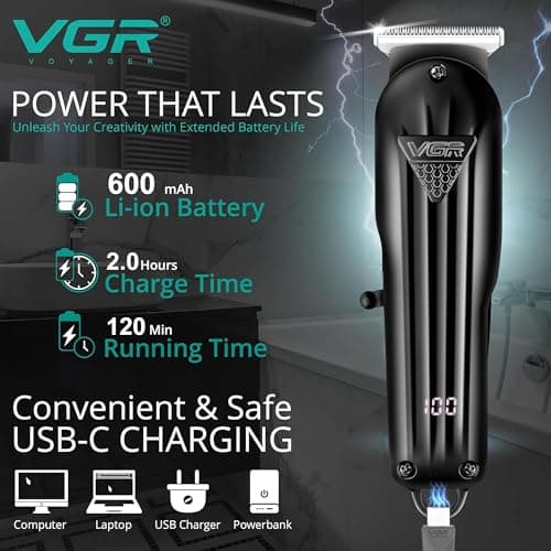 VGR Electric Beard Hair Trimmer Men Rechargeable - USB-C - Cordless Clippers 120 Min Battery - Stainless Steel Blades - Male Face Grooming Kit for Moustache, Neck, Stubble, Sideburns, Bald Head — view 6