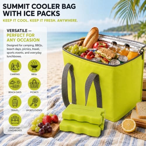 Summit Insulated Cooler Bag & Reusable Ice Blocks - 12.5L Thermal Lunch & Picnic Bag with 2 x 200ml Twin Pack Cooler Blocks | Keeps Food & Drinks Cooler for Longer | For Camping, BBQs, Beach, Travel — view 5