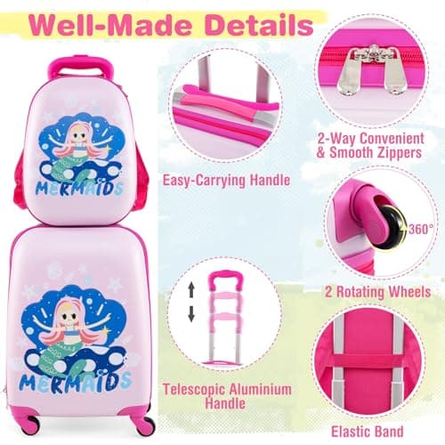 GYMAX 2Pc Kids Luggage Set, 12" & 16" Children Hand Trolley Case with 4 Spinner Wheels, Carry On Suitcase for Boys Girls Travel School (Light Pink) — view 3