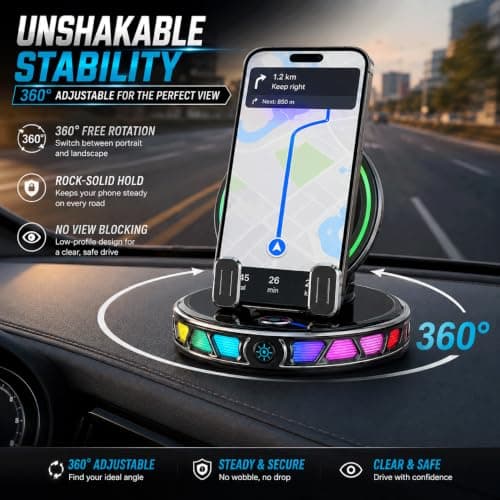 15W Car Charger Mount, RGB Auto-Clamping Phone Holder with Suction Cup — view 5
