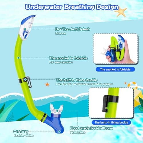 Snorkeling Gear for Kids with Foldable Silicone Full Dry Snorkel, Kids Snorkel Set Anti Leak Youth Junior Snorkeling Package Diving Mask Soft Tube with Mesh Bag Swimming Goggles, Yellow+Blue — view 3
