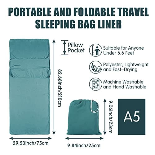 Plliocse Sleeping Bag Liner Travel Sheet Sleeping Bag, 75 x 210 cm Sleeping Bags Liners with Pillow Pockets for Adults, Travel, Hotels, Business Trip, Camping (Blue, 75cm x 210 cm) — view 3
