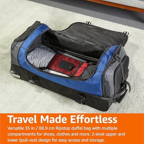 Amazon Basics Rolling Travel Duffel Bag, 137L, Lightweight and Durable Trolley in Ripstop Fabric, Large Capacity with Telescopic Handle, Ideal for Travel, Work, and Leisure, Blue — view 6