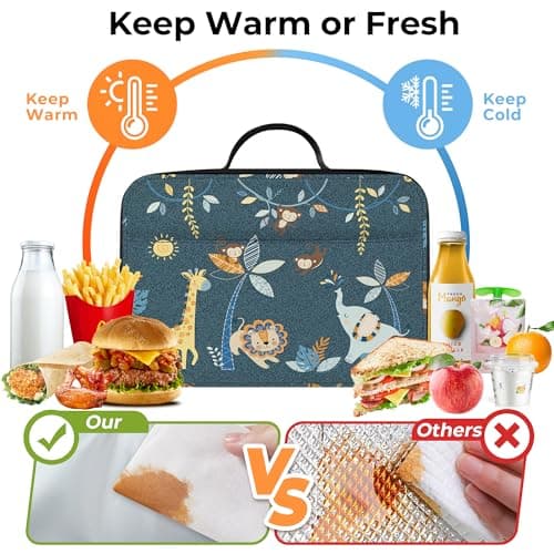 Clastyle Forest Animal Insulated Kids Lunch Bag Leaf Large Thermal Cooler Bag for Boy Picnic School Toddler Lunch Box Tote,Black — view 3