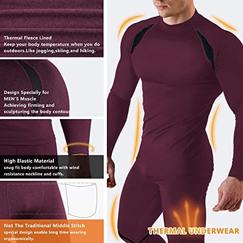 Muezna Men’s Long Johns Thermal Underwear Set, Top and Bottom Underwear Base Layer Soft Fleece Lined Burgundy — view 3