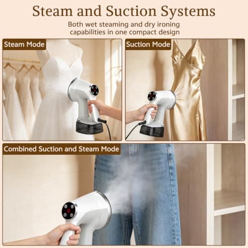 Handheld Garment Vacuum Steamer for Clothes, 3600Pa Suction Wrinkle Remover, Fast 30s Heat-Up, 2 Steam Modes, 400ml Tank, One-Hand Operation for Home Travel Wedding Gown — view 5