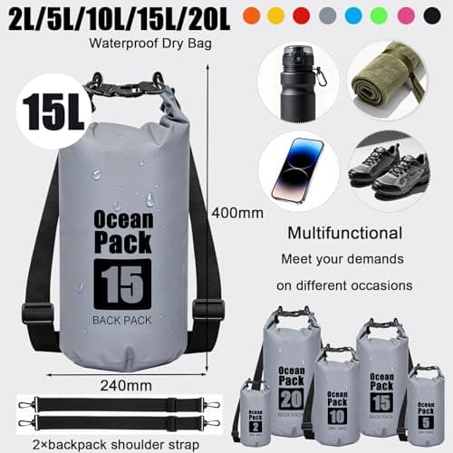 RONGZUBAT 15L Large Waterproof Dry Bag with Shoulder Strap, Roll Top Dry Sack for Outdoor Gear, Waterproof Bag for Kayaking, Boating, Paddle Boarding, Camping, Beach, Fishing and Travel - Grey — view 2