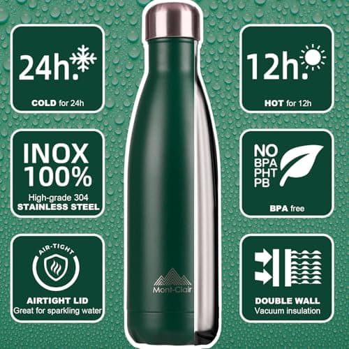 Mont-Clair Stainless Steel Water Bottle, Vacuum Insulated - BPA Free, 12h Hot & 24h Cold Drinks, Metal Water Bottle 500ml Leakproof, Ideal for Adult, Kids, Running - Dark Green — view 2