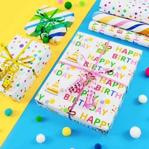 Isaspire Birthday Wrapping Paper Folder Set - 12 Sheets, 20x29 Inch Each, Adorned with Polka Dots, Stripes & 'Birthday' Charms for Boys, Girls, Women, Men, Ideal Gift Wrap for Holiday Party — view 2