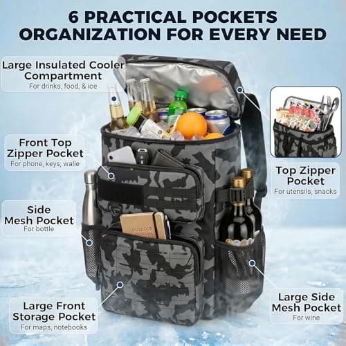 Jetviivid Tactical Cooler Backpack for Men, Insulated Backpack with Bottle Opener, Waterproof Leakproof Thermal Lunch Bag, Cooler Bag for Camping Picnic Hiking Beach Daily Day Trips, Black Camo — view 4