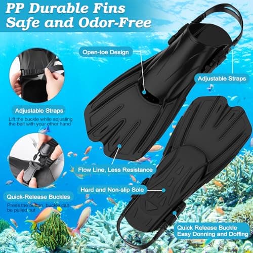 Snorkeling Gear for Adults, 3 in 1 Snorkel Set with Panoramic View Diving Mask Anti-Fog Anti-Leak,Dry Top Snorkel,Fins and Travel Bag for Swimming,Snorkeling and Travel Diving, Black — view 6