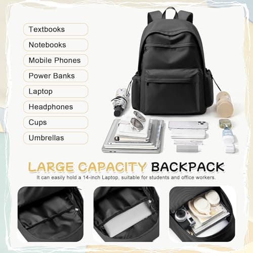 HYC00 School Backpack Womens, Unisex Casual Daypack High Secondary School Bags for Teenage Girls Water Resistant Laptop Backpack Travel College Rucksack Backpacks for Women Men Schoolbag, K1-Black — view 6