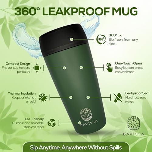 BAVISSA 360° Travel Mug, 400 ml, Leakproof, Double Walled (Khaki Green) — view 2