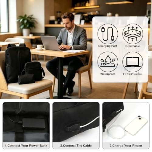 Men's Laptop Backpack with Crossbody Bag Pouch Wallet 3 PCS Set (Black) — view 5