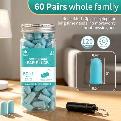 TTech Foam Earplugs for Sleeping 38dB Noise Cancelling, Ultra Soft Comfortable Ear Plugs for Study, Travel & Loud Noise, Reusable Hearing Protection with Case, 60 Pairs Blue, 120 Count — view 5