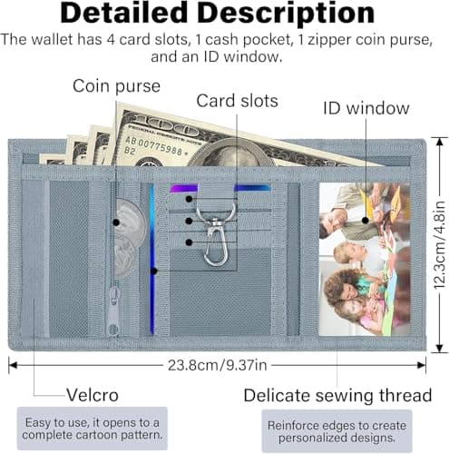 GUOYOU Kids Wallet Tri fold Coin Pocket with Zipper Key Chain and ID Window — view 3