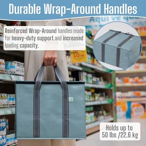 VENO 2 Pack Cooler Bag and Insulated Grocery Bags for Food Delivery, Collapsible Cooler. Reusable Shopping Bags for Groceries with Hard Bottom, Zippered, Foldable, Heavy-Duty (Light Blue, 2 Pack) — view 3