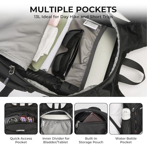 LAIMEIWEE Lightweight Foldable Hiking Backpack - 13L Small Rucksack for Men & Women, Water-repellent Travel Bag, Packable Daypack for Walking, Camping, Sports & Outdoor (Black) — view 4