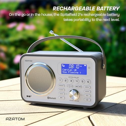DAB/DAB+ & FM Portable Digital Radio | Leather Design | Bluetooth | Rechargeable Battery | Dual Alarms & Sleep Timer | Perfect for Home, Office or Outdoors | AZATOM Spitalfields 2 (Grey) — view 6