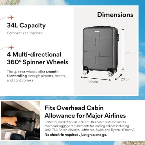 WORLD EXPLORER Dark Grey Cabin Suitcase 55x40x20cm, 34L ABS Shell, 4 Wheels — view 2
