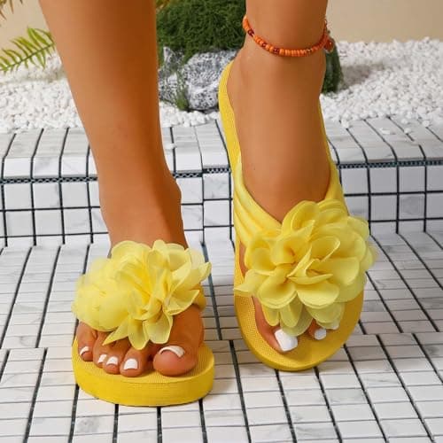 Flip Flop Sandals with Floral Design Flat Beach Slippers for Summer Casual Comfort and Outdoor Relaxation (Yellow, 5) — view 3