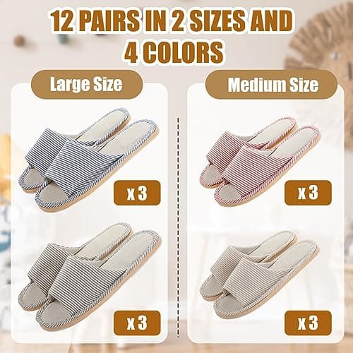 Suhine 12 Pairs House Slippers for Guests Spa Slippers with Open Toe Indoor Slippers Non-Slip Comfortable Breathable for Travel Hotel Home Bedroom Unisex (Classic), As shown in the pictures, M — view 3