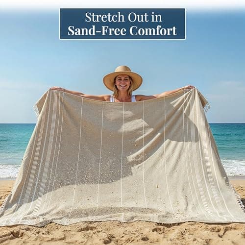 LANE LINEN Giant XL Turkish Beach Towel Blanket – 208x208 cm Extra Large Cotton Sand-Free Quick Dry Towel – Perfect for Beach, Camping, Travel, Picnic, Outdoor Adventures - Beige — view 3