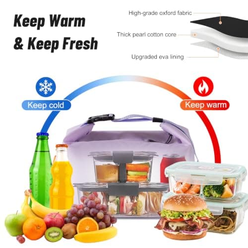 Aucuu Insulated Lunch Bag, Reusable Lunch Bags, Leakproof Lunch Box Tote Bag, Large Capacity Cooler Bag, Thermal Food Bag for Office School Picnic-8L (Purple) — view 3