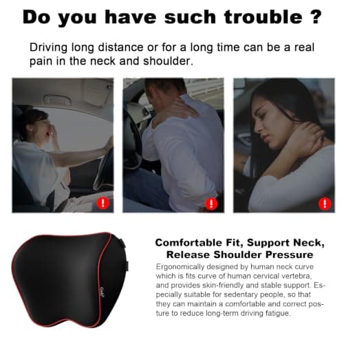 Crofy 2 Pack Car Neck Pillow, Softness Car Headrest Pillow for Driving with Adjustable Strap, 100% Memory Foam and Breathable Removable Cover, Comfortable Ergonomic Design, Black & Red — view 5