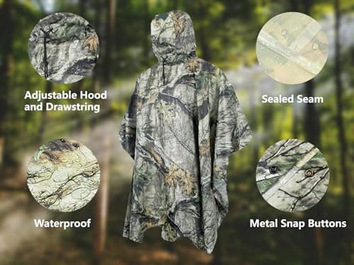 Fousam Rain Poncho, Camo Poncho Multi Use Waterproof Rain Coat, Camo Black, 41"x55" — view 5
