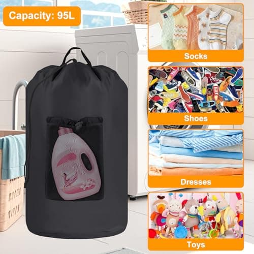 Backpack Laundry Bag, Extra Large 95L Foldable Laundry Basket with Shoulder Straps and Mesh Pocket, Portable Travel Clothes Hamper Bag for College, Travel, Laundromat, Apartment (Black) — view 5