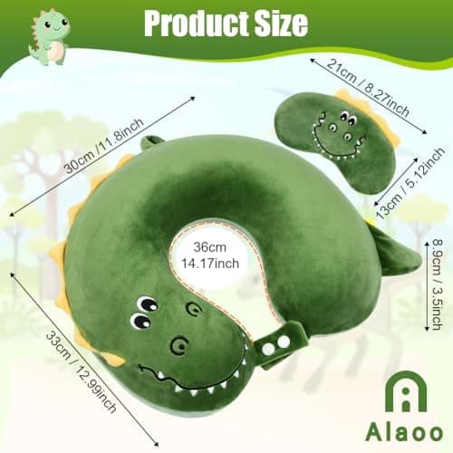 Alaoo Travel Pillow, Removable Memory Foam Kids Travel Pillow with Zips, Convenient & Portable U Shaped Neck Pillows with Cute Eye Mask for Adults Children for Home, Office, Sleeping (Green Dinosaur) — view 2