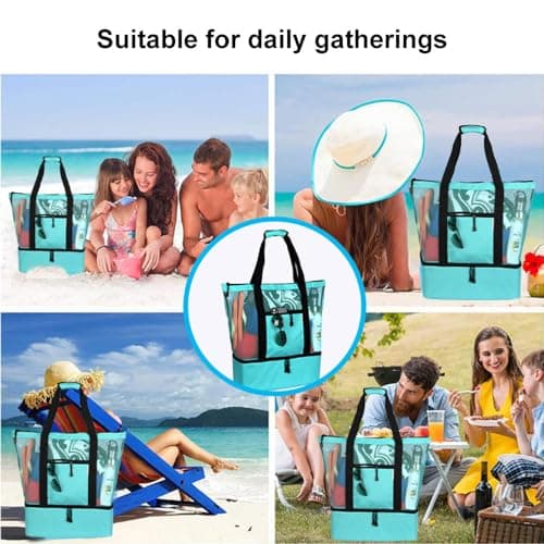 Oaygat Mesh Beach Tote Bag Zipper Bag for Beach Pool Picnic, Insulated Cooler Compartment, Dry & Wet Separation, Organized Multi-Pocket Layout, Unisex-Adults, 41cm x 17cm x 51cm, Turquoise — view 6