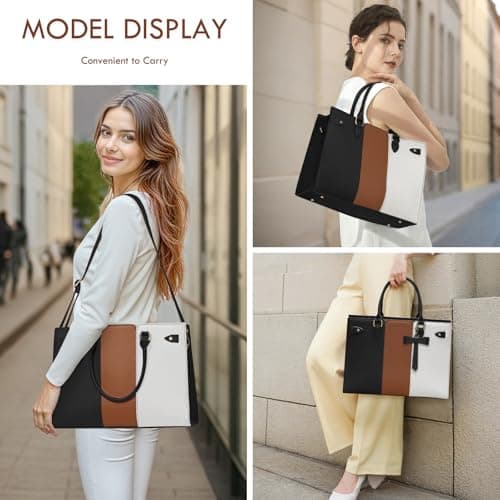 RAINSMORE Laptop Bags for Women PU Leather Work Bags for Women Tote Bag Large Handbag Shoulder Bag for Office 15.6 Inch Business Black with White and Brown — view 2