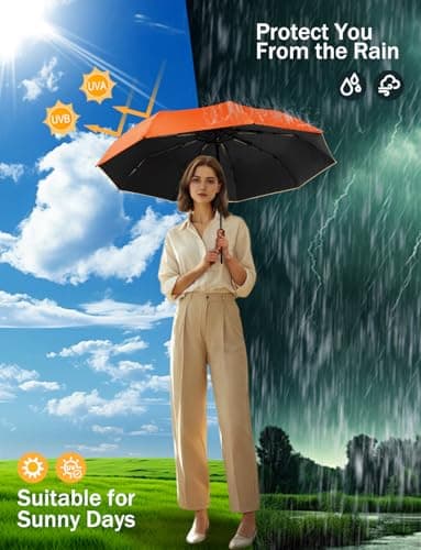SoulRain Strong Windproof Travel Umbrella with Wooden Handle, Automatic Open Close Compact Folding for Rain & Sun UV Protection, Lightweight Durable Portable for Car, Backpack, Women & Men(Orange) — view 4