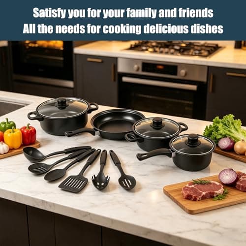 13-Piece Induction Cookware Set, Black Nonstick Pots and Pans Set with Lids & Spatulas, Cooking Set for All Hobs – Ideal for Home Kitchen & Camping, PFOS & PFOA Free — view 2