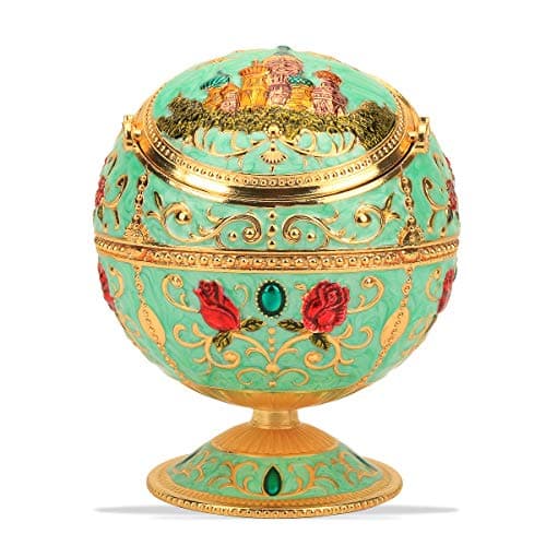 LAUYOO Windproof Ashtray with Lid for Cigarettes Metal Portable Cigar Ashtray Odor Eliminator for Indoor outdoor Hand Stamped Rose Pattern with Sparkle Fancy Gift for Men Women(Jade-green)
