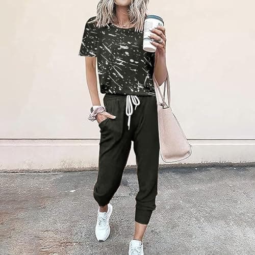 Womens 2 Piece Travel Outfit Gym Tracksuit Set Summer Lounge Outfit Set Sweatsuits Printed Short Sleeve Tops High Waist Wide Leg Drawstring Joggers Pocket Sweatpant Casual Loose Holiday Dailywear 6-16 — view 3