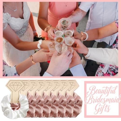 8Pcs Satin Scrunchies Set, Rose Gold & White Silk Hair Ties for Bridesmaids Scrunchy Hair Accessories, Wedding Hen Party Favors, Bridal Shower Gifts for Women — view 3