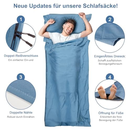 LSTRAGY Sleeping Bag Liner with Pillow Slot,Portable Lightweight Sleeping Bag Liners with Two Way Zippers,220x95cm Travel Sheet for Backpacking, Hostels, Huts Camping Essentials(Blue — view 2