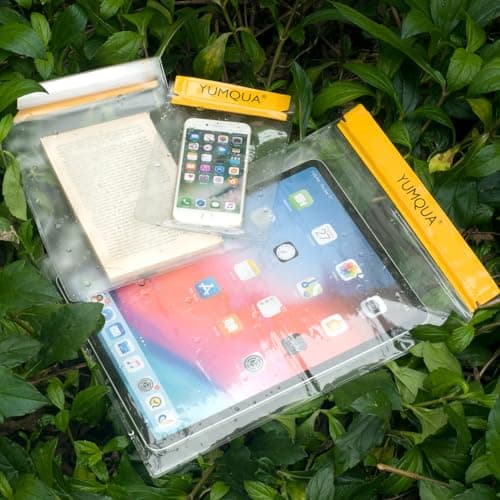 YUMQUA Clear Waterproof Bags 5 Pack Set, Watertight Pouch Holder for Document Map Camera Mobile Phone Tablet, fits Kayaking Boating Hiking Beach Water Sports, Yellow — view 4