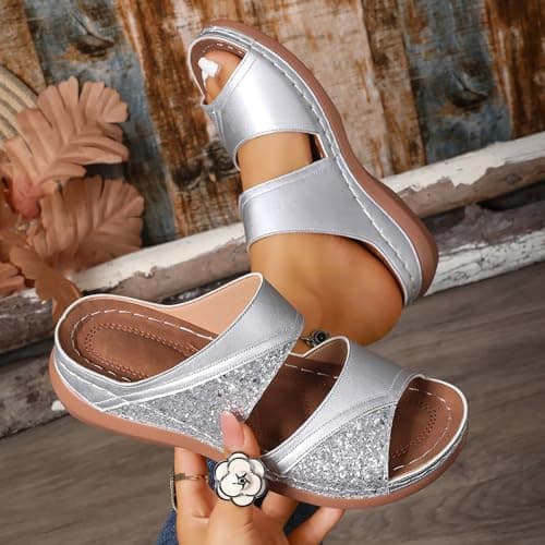 Nuoke Gladiator Sandals for Women, Sandals for Women 2026 Orthopedic Ladies Sandals Womens Arch Support Summer Slip Wide Fit Walking Slip on Platform Sliders Sport Wedges Shoes Silver 4 — view 2