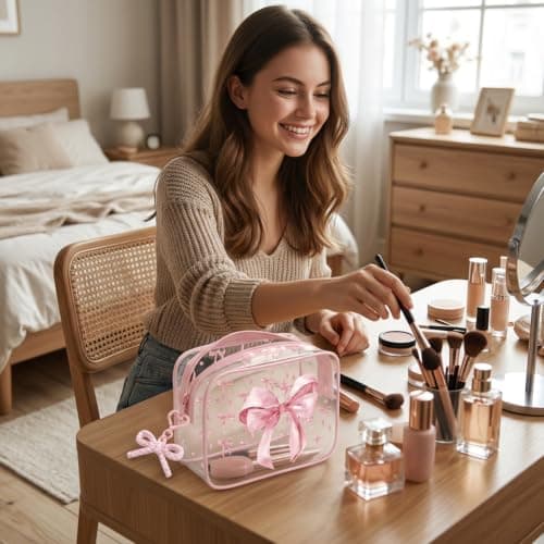 4 pcs Clear Makeup Bag, Girls Wash Bag, Wash Bag Women, Transparent Bow Design Cosmetic Pouch, Portable Toiletry Case with Closure, Ideal for Travel and Daily Use — view 6