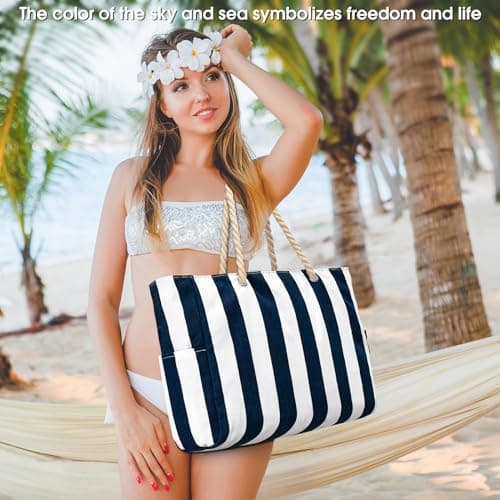 oscaurt Large Beach Bag Stripe Tote Bag with Zip Beach Bags for Women Waterproof Shopping Bag Handbags Pool Bag Holiday Essentials — view 3