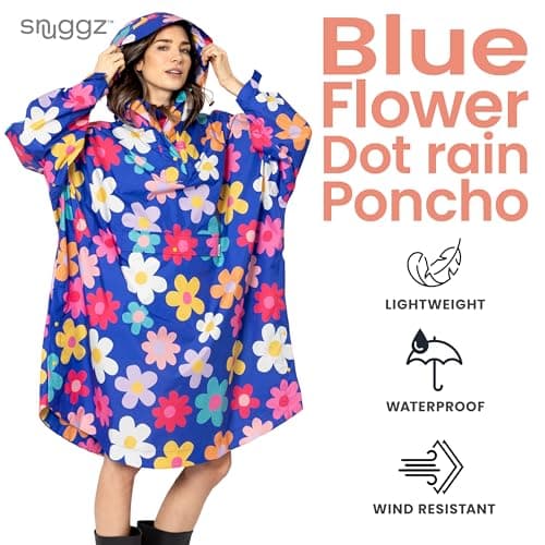 Adult Blue Floral Rain Poncho, Lightweight Waterproof Hooded Rain Coat — view 2