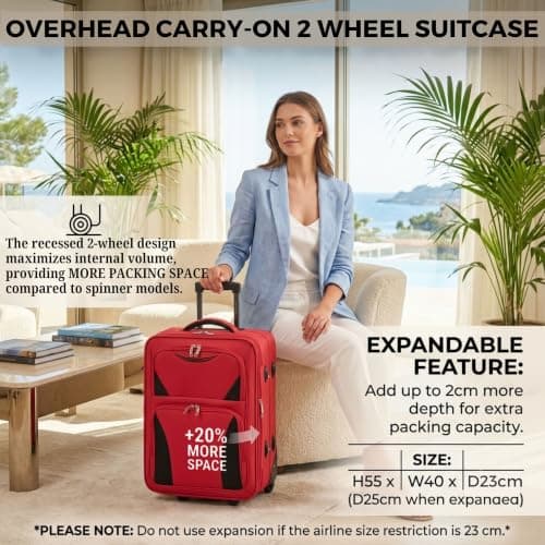 DK Luggage Carry-on 20” Lightweight Expandable Overhead Cabin Wizz air, EasyJet, BA, Jet 2 Hand Luggage Approved Suitcase 2 Wheel Luggage DK16 (Red, 20" Cabin) — view 3