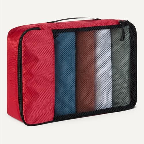 Amazon Essentials 4-Piece Packing Cubes Travel Accessories Set, Luggage Organiser with Double Zip, Mesh Top, Polyester, Medium, Red (Previously Amazon Basics) — view 4